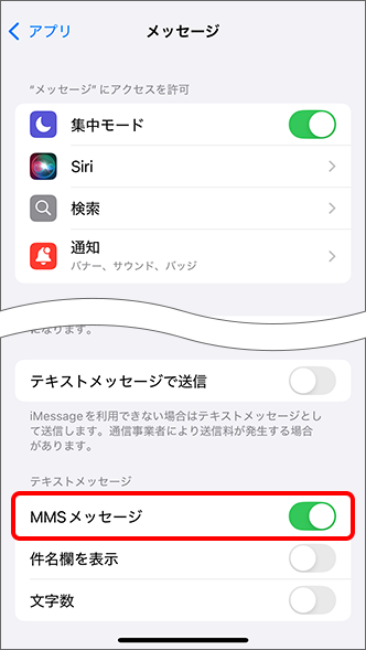「MMSメッセージ」をタップし、オンに切り替え