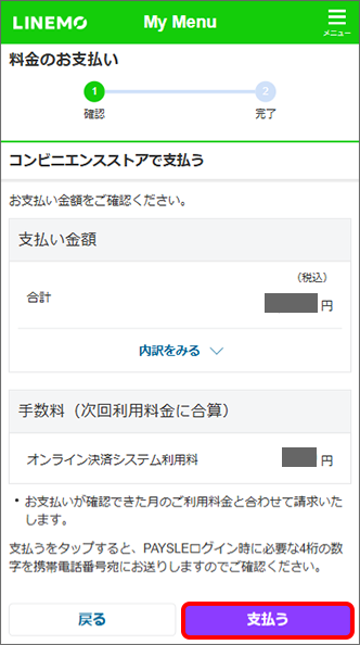 入力内容を確認し、「支払う」をタップ