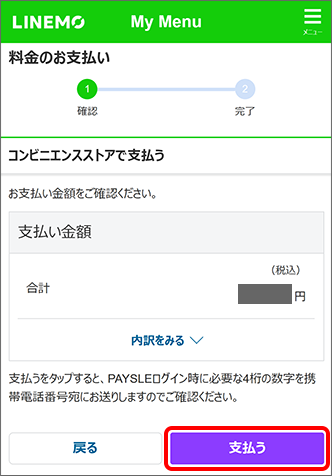 入力内容を確認し、「支払う」をタップ