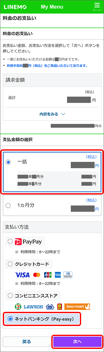 「支払金額」を選択し →「ネットバンキング（Pay-easy）」を選択 →「次へ」をタップ