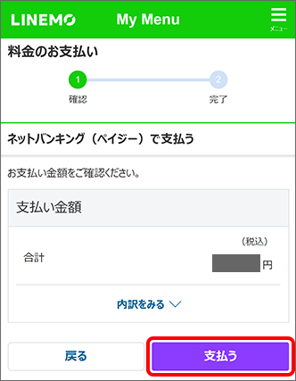 入力内容を確認し、「支払う」をタップ