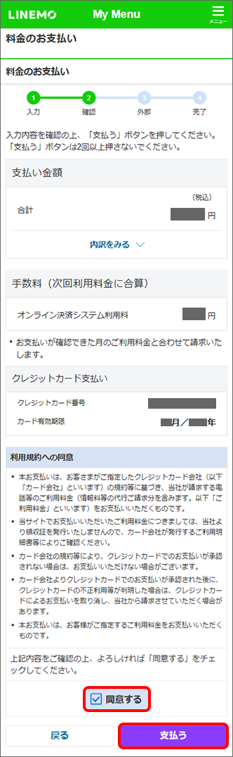 内容と利用規約を確認し、「同意する」にチェックを入れ、「支払う」をタップ