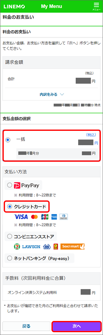 「支払金額」を選択 →「クレジットカード」を選択 →「次へ」をタップ
