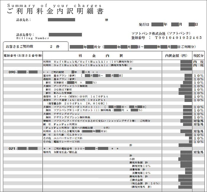 ソフトバンク株式会社発行のインボイス(適格請求書)