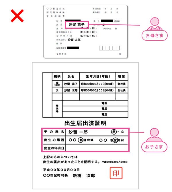 契約者（親権者）さまは資格確認書、お子さまは母子手帳