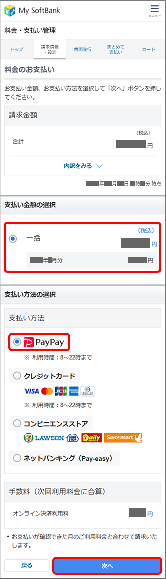 「支払い金額」を選択 →「PayPay」を選択 →「次へ」をタップ
