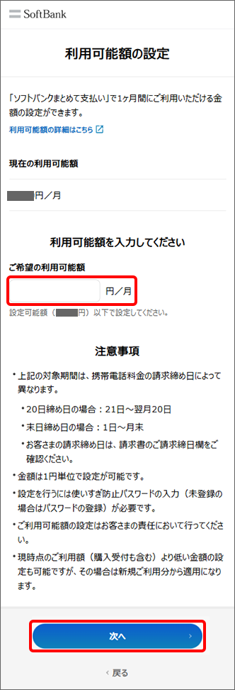 「ご希望の利用可能額」を入力し、「次へ」をタップ