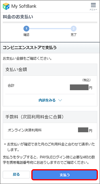 支払内容を確認の上、「支払う」をタップ