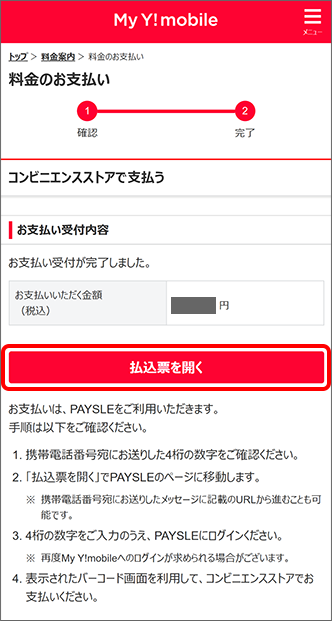 支払金額を確認の上、「払込票を開く」をタップ