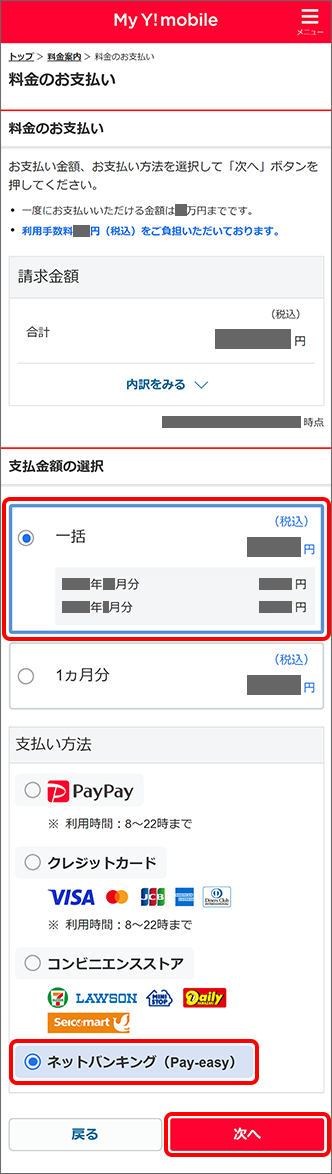 「支払金額」を選択し、「ネットバンキング（Pay-easy）」を選択し「次へ」をタップ