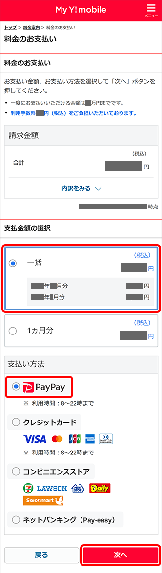 「支払金額」を選択し、「PayPay」を選択し「次へ」をタップ