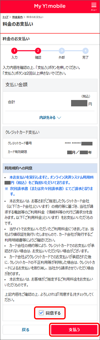 内容と利用規約を確認し、「同意する」にチェックを入れ、「支払う」をタップ