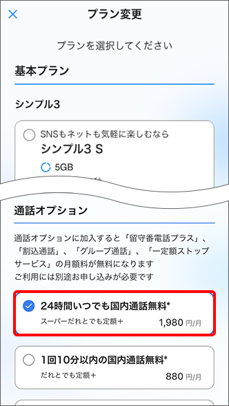 「通話オプション」で希望する項目を選択