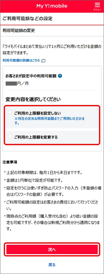 すでにご利用可能額を設定済みの場合は、変更内容を選択してください