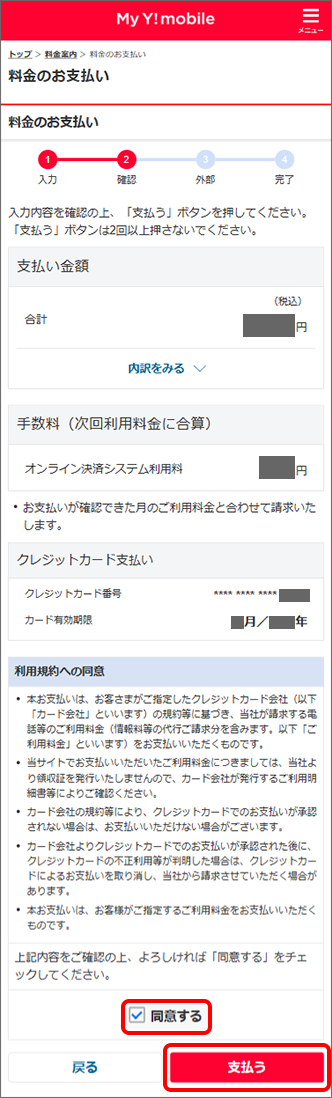 内容と利用規約を確認し、「同意する」にチェックを入れ、「支払う」をタップ