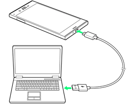 パソコンと電源を入れたスマートフォンを、USBケーブルで接続